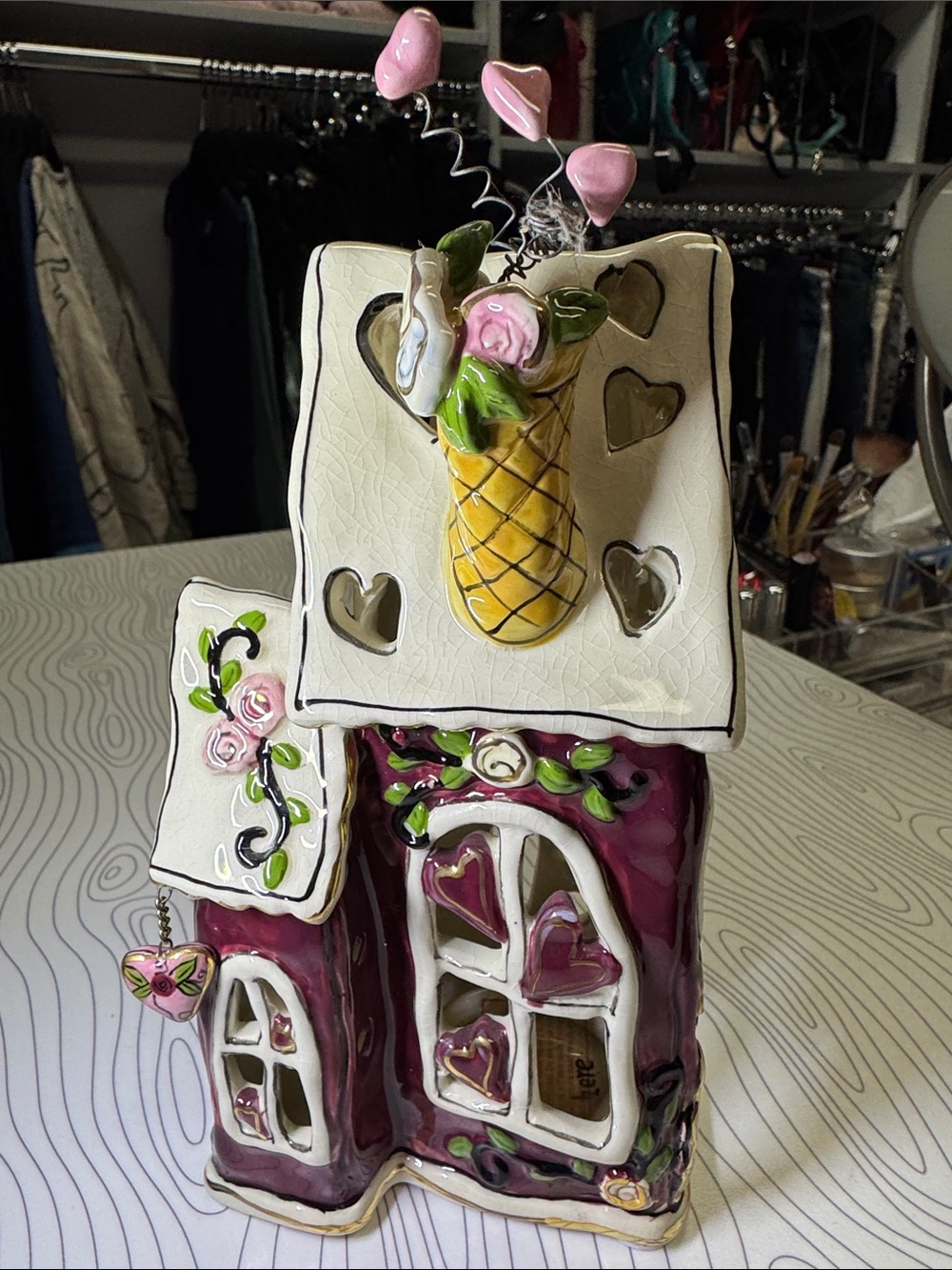 Ceramic House with open windows and hearts, place for candle